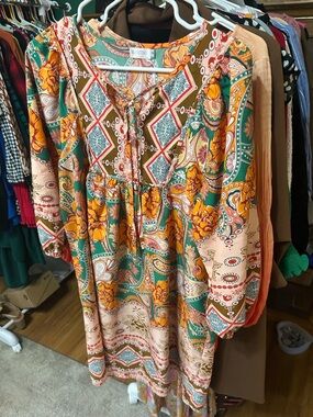 Bluetime Floral Boho Peasant Dress in Green & Mustard